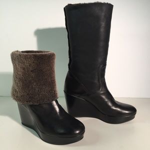 STUART WEITZMAN Black Leather Shearling Wedge Boot